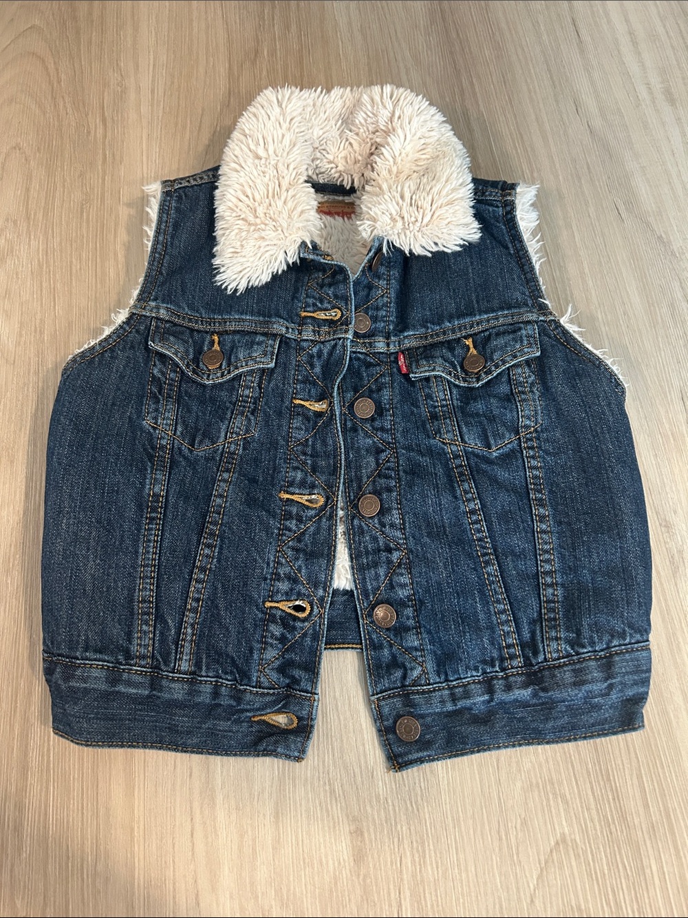 Levi's Dark Blue Denim Vest with Cream Sherpa Collar